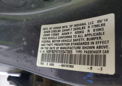 2014 Honda Civic Ex z USA, uszkodzony, nr VIN 19XFB2F87EE047005